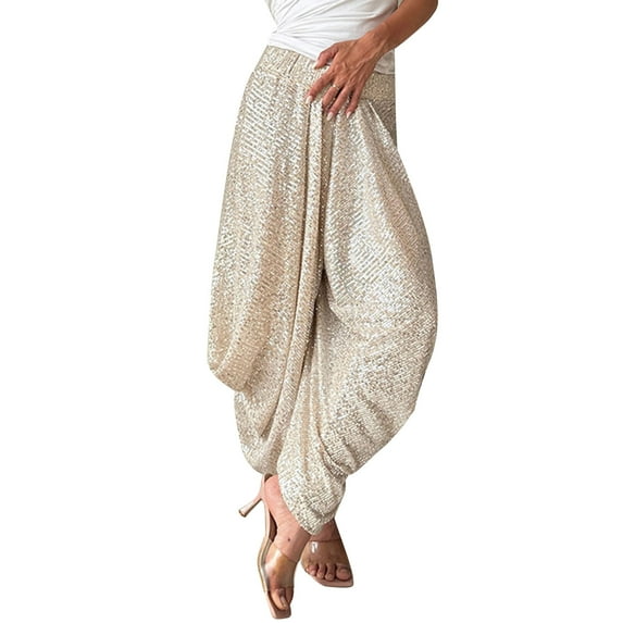 TNOBHG Women Lantern Pants Women Spring Summer Lantern Pants Elastic Waist Wide Leg Glitter Trousers Solid Color Party Bloomers Streetwear Solid Color Wide