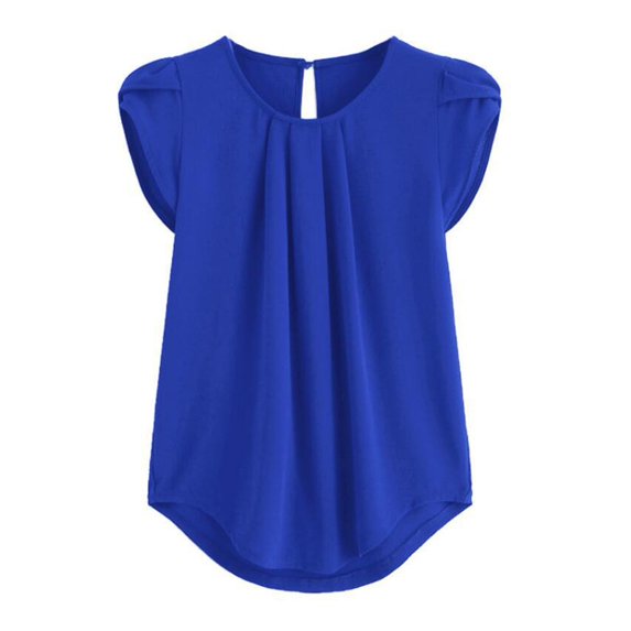 TNOBHG Women Spring Tops Women's Summer Casual Shirt O-neck Petal Short Sleeve Pullover Tops Solid Color Pleated T-shirt Streetwear Soft Fabric Blouse