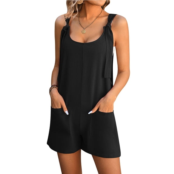 TNOBHG Women Summer Wide-leg Romper Women Summer Romper U Neck Adjustable Lace-up Strap Solid Color Pockets Loose Straight Beach Above Knee Length Short