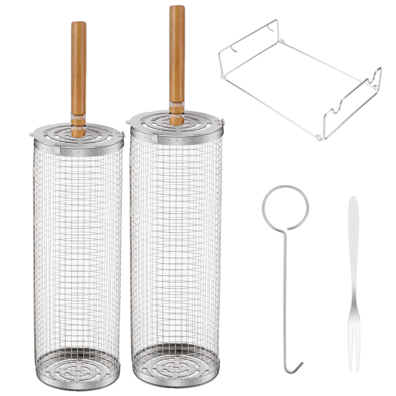 TNOBHG Wooden Handle Grill Basket 2pcs Bbq Basket Rolling Grill Baskets