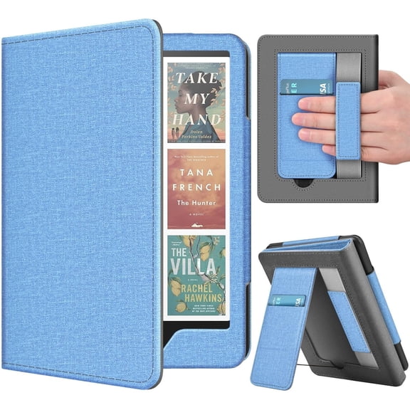 TNP Stand Case with Strap for Kindle Paperwhite 12th Gen 2024 / Kindle Colorsoft Signature Edition - 7" PU Leather Protective Folio Cover with Auto Wake/Sleep & Card Slot, Denim Blue