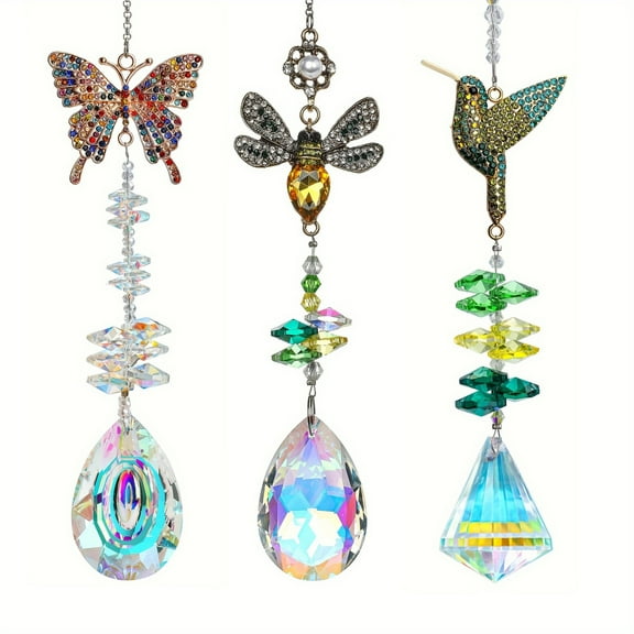 TNSAWRRYOE 3PCS Colorful Crystal-Embellished Butterfly,Bee & Hummingbird Sun Catchers for Home&Garden Decor-Rainbow-Sparkling Light-Gathering Ornaments