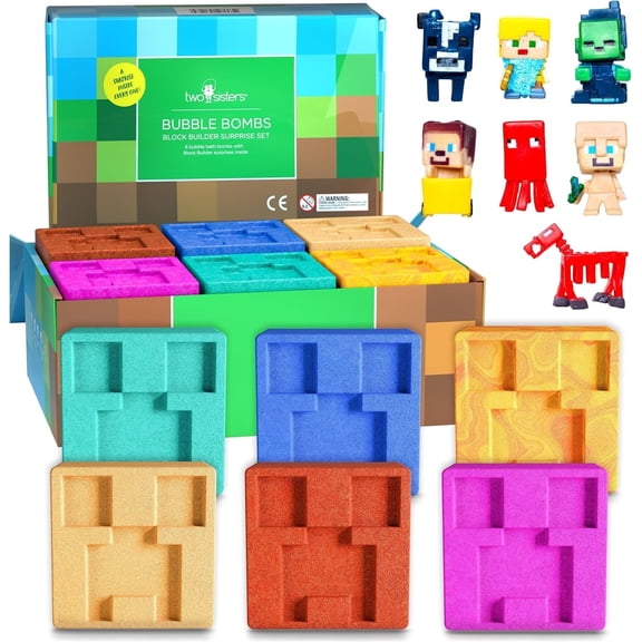 TNT Creeper Bath Bombs for Kids with Surprise Toys Inside (6 Pack) – Large Fizzy Bubble Mine Bombs for Boys & Girls – Fruity Scents, Skin-Safe, Made in USA - by Two Sisters