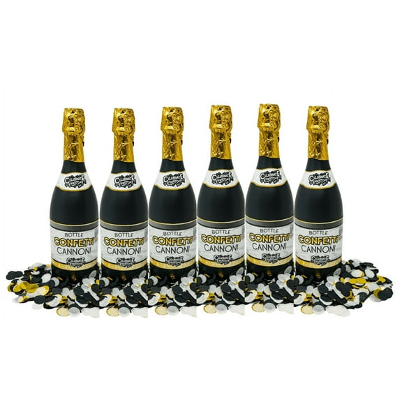 TNT Fireworks, Bottle Confetti Cannon, 6 Pack, PartyFavors, Round Black Gold and Silver Confetti