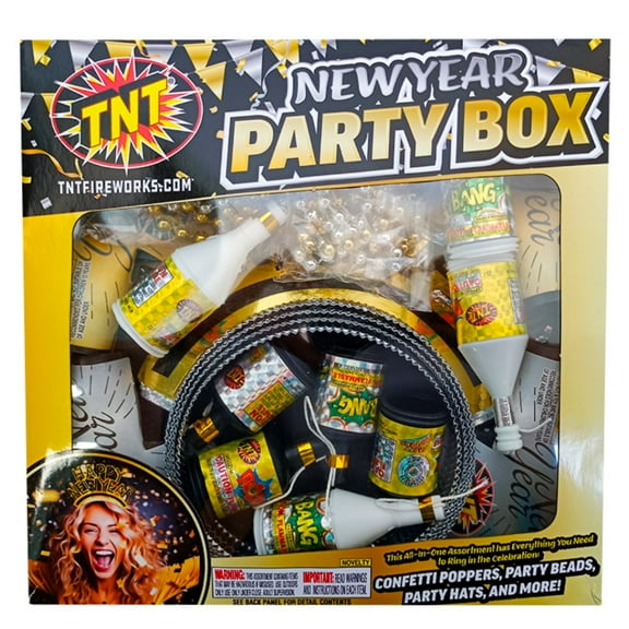 New Year's Party Box, TNT Fireworks, Paper Poppers, Noise Makers and Hats, Gold and Silver Novelty