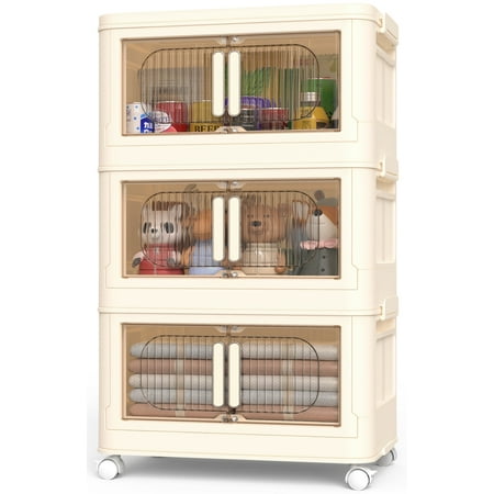 TNTANTS 3 Tiers Stackable Storage Bins with Lids and Wheels, Magnetic Dual Open Collapsible Storage Container, 80QT Folding Storage Box Bins for Closet Organizers, Home and Office, Beige