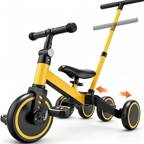 TNTANTS 4 in 1 Toddler Bike, Kids Tricycle for 1-5 Years Old, Toddler Tricycle for Boy Girl, Baby Balance Bike with Parent Steering Push Handle, Removable Pedal, Adjustable Seat Yellow