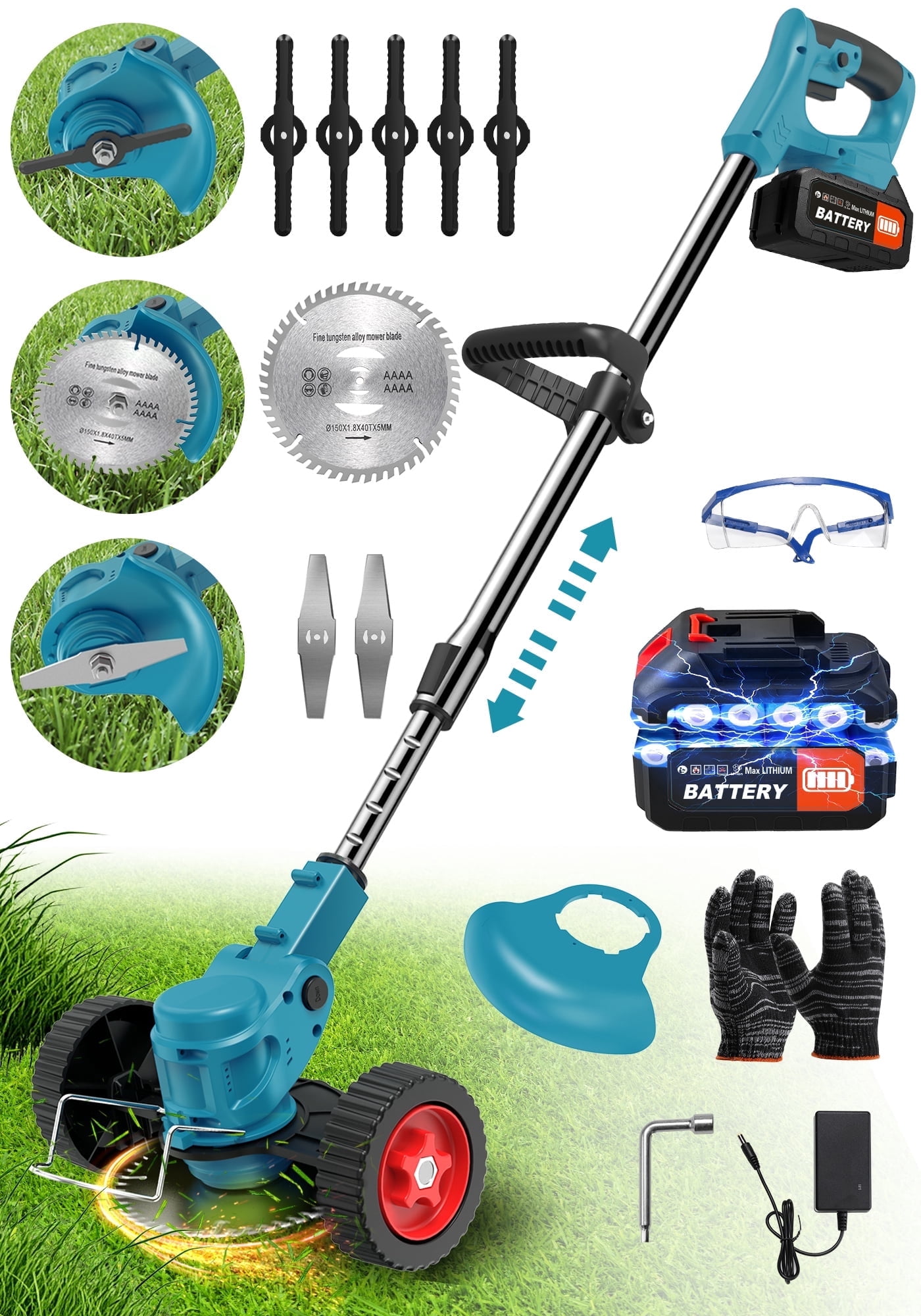 TNTANTS Weed Wacker Cordless, 3-in-1 Lightweight Electric String Trimmer with 3 Types of Blades, Wheels, 24V Battery, Weed Eater Grass Trimmer/Edger/Brush Cutter for Lawn Yard Garden (Blue)