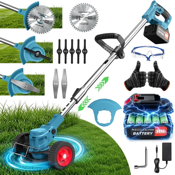 TNTANTS Weed Wacker Cordless, 3-in-1 Lightweight Electric String Trimmer with 3 Types of Blades, Wheels, 24V Battery, Weed Eater Grass Trimmer/Edger/Brush Cutter for Lawn Yard Garden (Blue)
