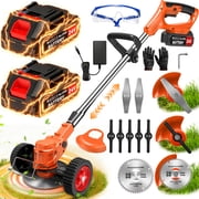 TNTANTS Electric Weed Wacker, Cordless String Trimmer with Wheels, 2Pcs 24V Batteries, 3 Types of Blades, Adjustable Length, Weed Eater Grass Trimmer/Edger/Brush Cutter for Lawn Yard Garden Orange