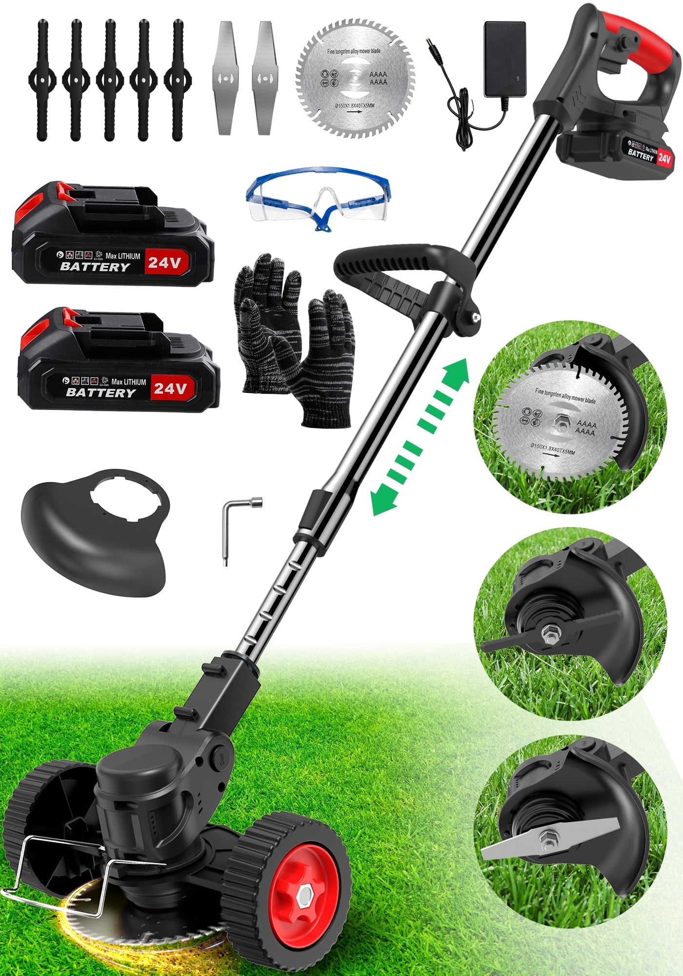 TNTANTS Electric Weed Wacker, Cordless String Trimmer with Wheels,  2Pcs 24V Batteries, 3 Types of Blades, Adjustable Length, Weed Eater Grass Trimmer/Edger/Brush Cutter for Lawn Yard Garden (Black)
