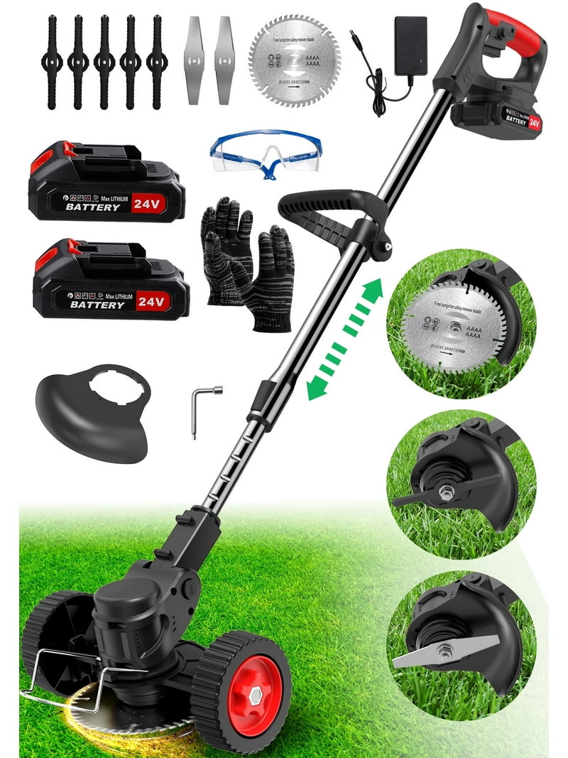 TNTANTS Electric Weed Wacker, Cordless String Trimmer with Wheels 2Pcs 24V Batteries, 3 Types of Blades, Adjustable Length, Lightweight Weed Eater Grass Trimmer/Edger/Brush Cutter for Lawn Yard Garden