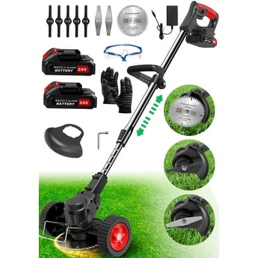 TNTANTS Electric Weed Wacker, Cordless String Trimmer with Wheels,  2Pcs 24V Batteries, 3 Types of Blades, Adjustable Length, Weed Eater Grass Trimmer/Edger/Brush Cutter for Lawn Yard Garden (Black)