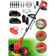 TNTANTS Electric Weed Wacker, Cordless String Trimmer with Wheels, 2Pcs 24V Batteries, 3 Types of Blades, Adjustable Length, Weed Eater Grass Trimmer/Edger/Brush Cutter for Lawn Yard Garden (Red)