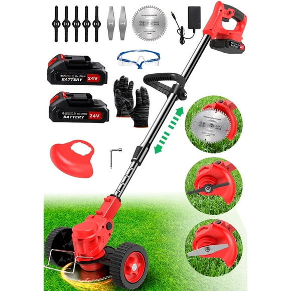 TNTANTS Electric Weed Wacker, Cordless String Trimmer with Wheels, 2Pcs 24V Batteries, 3 Types of Blades, Adjustable Length, Weed Eater Grass Trimmer/Edger/Brush Cutter for Lawn Yard Garden (Red)