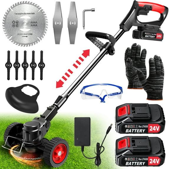 TNTANTS Electric Weed Wacker, Cordless String Trimmer with Wheels,  2Pcs 24V Batteries, 3 Types of Blades, Adjustable Length, Weed Eater Grass Trimmer/Edger/Brush Cutter for Lawn Yard Garden (Black)