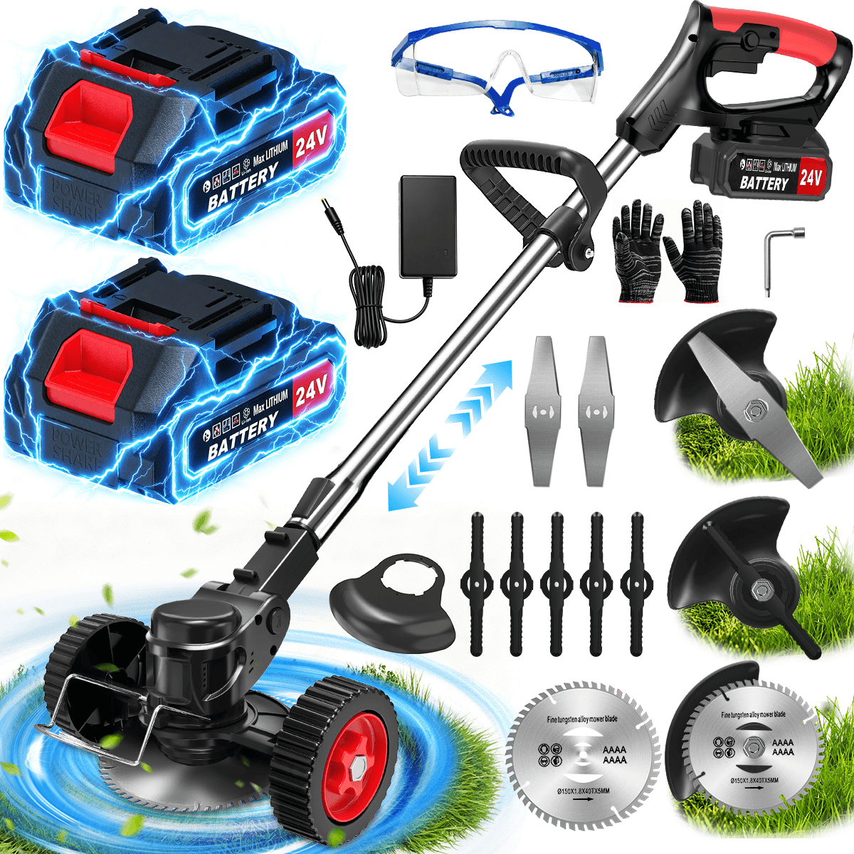 TNTANTS Electric Weed Wacker, Cordless String Trimmer with Wheels,  2Pcs 24V Batteries, 3 Types of Blades, Adjustable Length, Weed Eater Grass Trimmer/Edger/Brush Cutter for Lawn Yard Garden (Black)