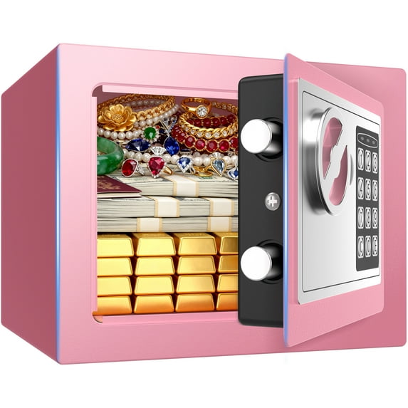 TNTANTS Electronic Digital Safe Box, 0.25 Cubic Feet Home Security Box for Office Hotel Business, Lock Box with Key Keypad for Cash Jewelry Pink