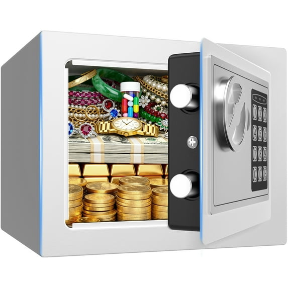 TNTANTS Electronic Digital Safe Box, 0.25 Cubic Feet Home Security Box for Office Hotel Business, Lock Box with Key Keypad for Cash Jewelry White