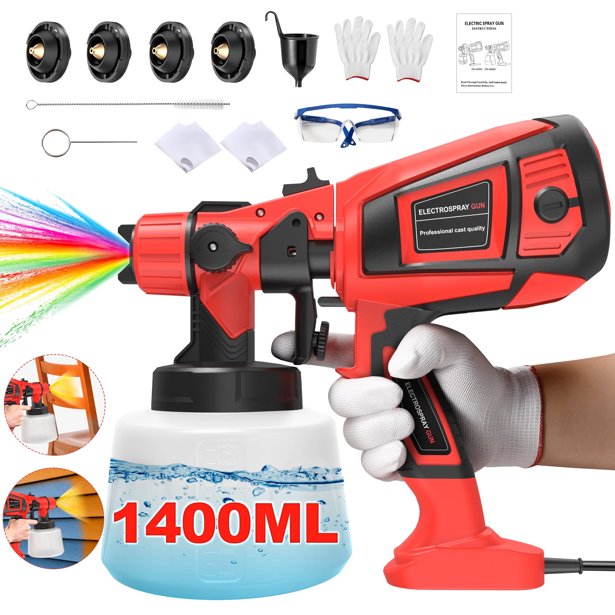 TNTANTS 550W HVLP Electric Paint Sprayer, 1400ml, 4 Nozzles, 3 Patterns ...