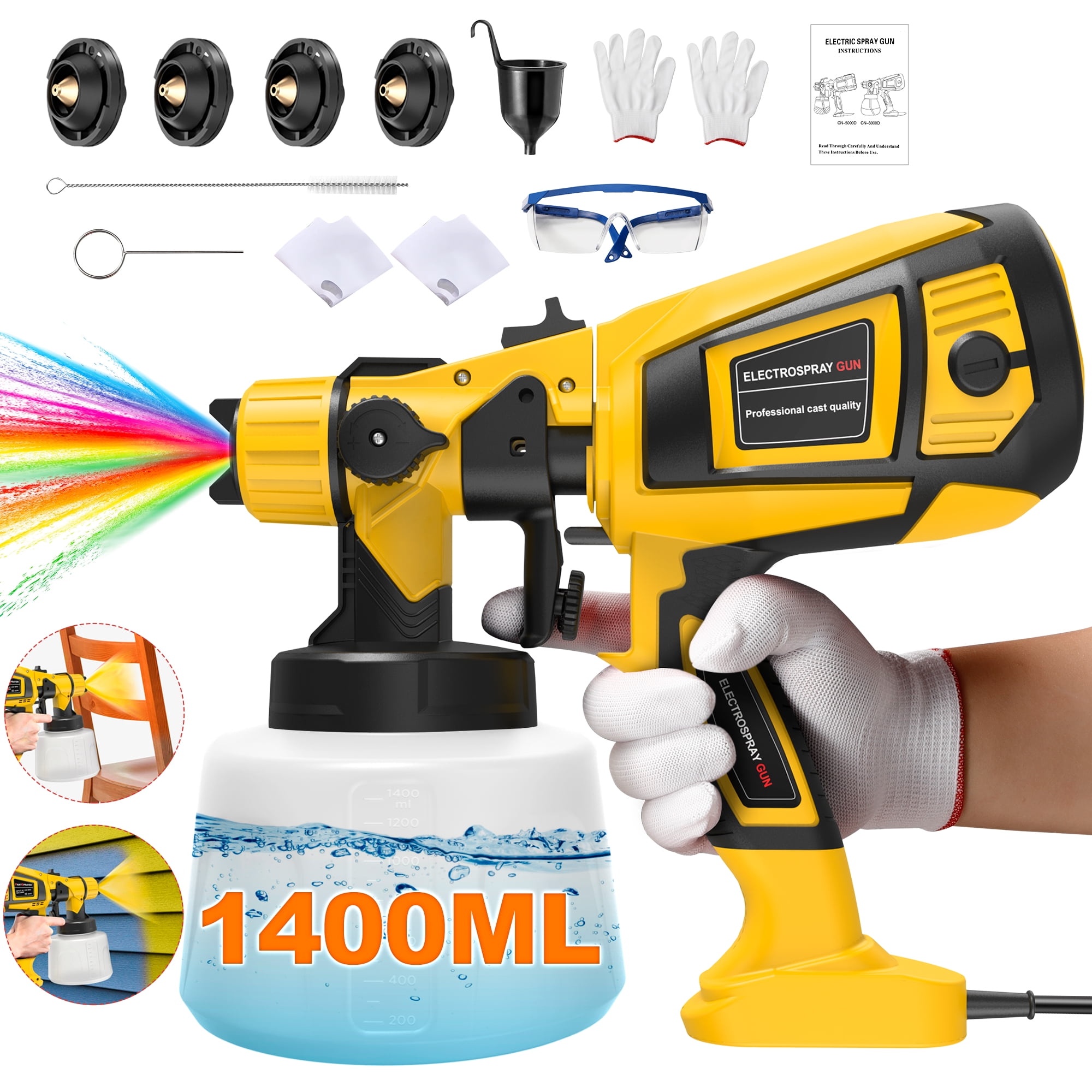 TNTANTS Paint Sprayer 1400ml Large Container, 550W HVLP Electric Spray Paint Gun with 4 Nozzles 3 Spray Patterns for House Painting, Home Interior and Exterior(Yellow)