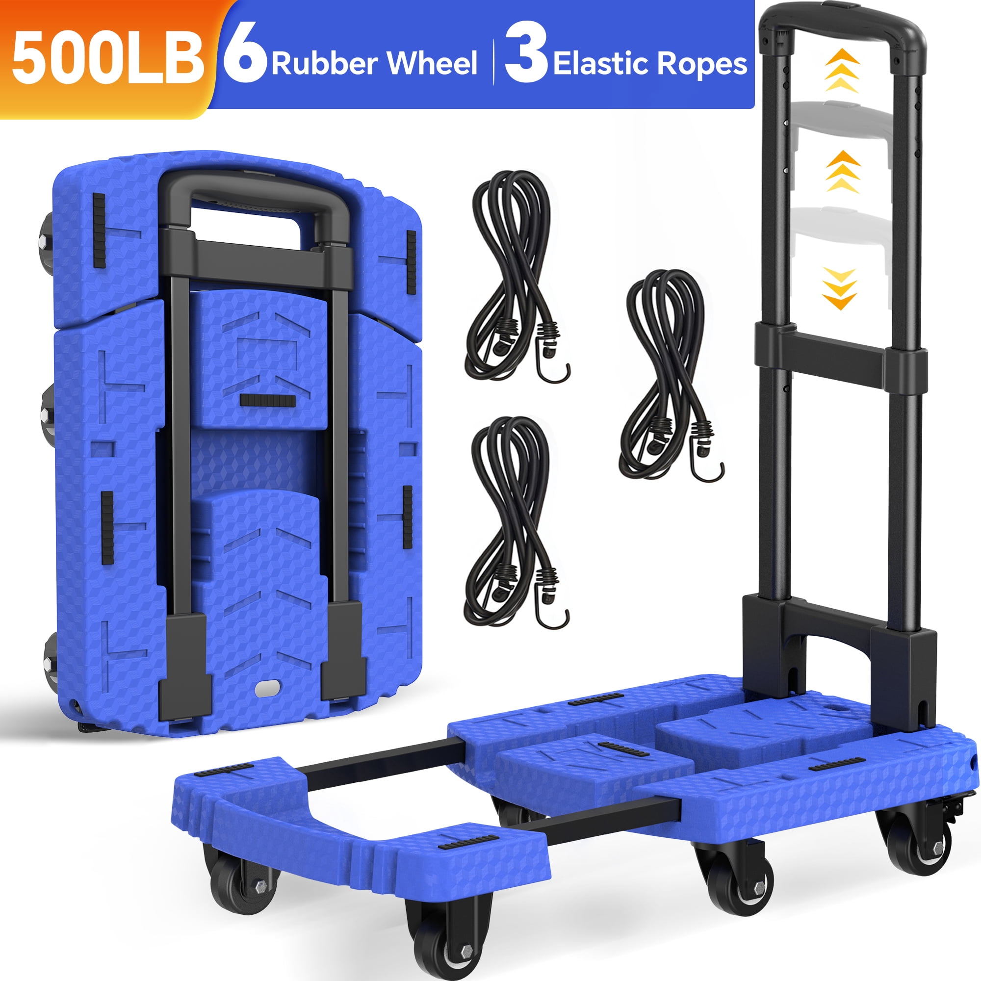TNTANTS Folding Hand Truck, 500 LB Heavy Duty Portable Dolly Cart, 6 Wheels Collapsible Luggage Trolley with 3 Elastic Ropes, Hand Cart for Travel, Moving, Shopping, Blue