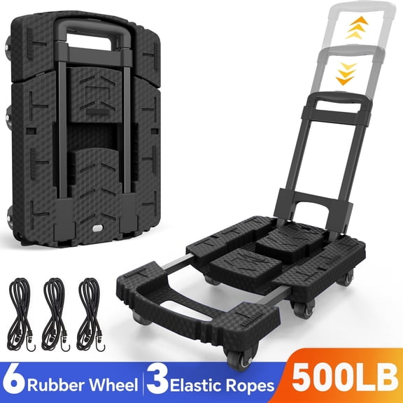 TNTANTS Folding Hand Truck, 500 LB Heavy Duty Portable Dolly Cart, 6 Wheels Collapsible Luggage Trolley with 3 Elastic Ropes, Hand Cart for Travel, Moving, Shopping, Black