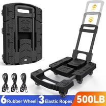 TNTANTS Folding Hand Truck, 500 LB Heavy Duty Portable Dolly Cart, 6 Wheels Collapsible Luggage Trolley with 3 Elastic Ropes, Hand Cart for Travel, Moving, Shopping, Black