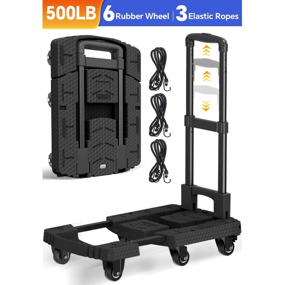 TNTANTS Folding Hand Truck, 500 LB Heavy Duty Portable Dolly Cart, 6 Wheels Collapsible Luggage Trolley with 3 Elastic Ropes, Hand Cart for Travel, Moving, Shopping, Black
