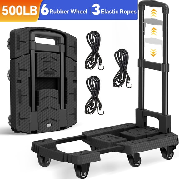 TNTANTS Folding Hand Truck, 500 LB Heavy Duty Portable Dolly Cart, 6 Wheels Collapsible Luggage Trolley with 3 Elastic Ropes, Hand Cart for Travel, Moving, Shopping, Black