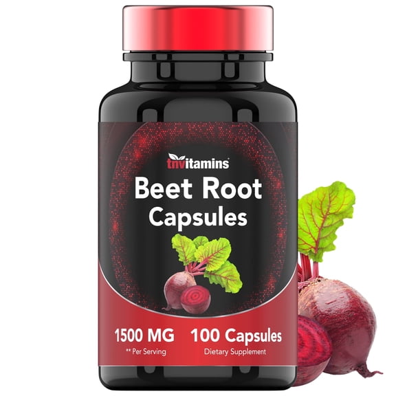 TNVitamins Beet Root Capsules 1500mg Powder Extract Dietary Supplement for Nitric Oxide and Cardiovascular Support for Men and Women, 100 Count