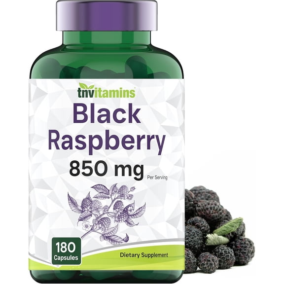 TNVitamins Black Raspberry Capsules 850 mg Per Serving, 180 Capsules, Antioxidant Supplement for Cardiovascular & Immune Support