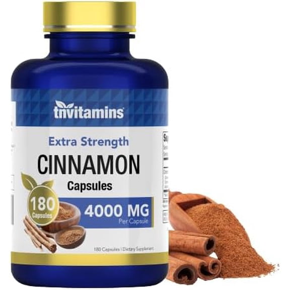 TNVitamins Cinnamon Capsules 4000 Mg, with Cassia Extract Blend Antioxidant Supplement for Daily Wellness Support, Count 180