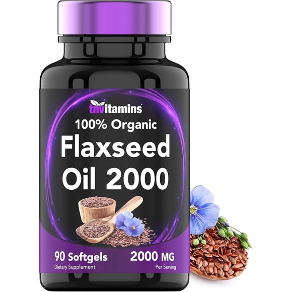 TNVitamins Flaxseed Oil Capsules Softgels 2000 Mg Omega 3 Fatty Acid Supplements Non Gmo Dairy Soy Nuts Free, 90 Count
