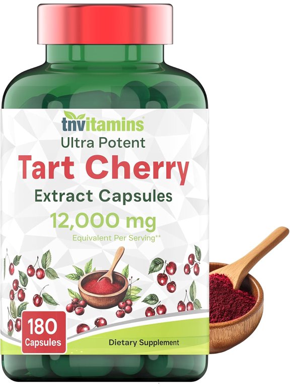 Tart Cherry Extract Capsules 12,000 Mg, Herbal Dietary Supplement, Antioxidant Polyphenols, Anthocyanins, Count 180