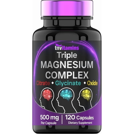TNVitamins Triple Magnesium Complex 500 mg – Magnesium Glycinate, Citrate & Oxide Dietary Supplement – 120 Capsules