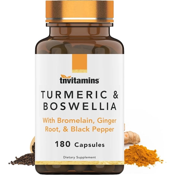 TNVitamins Turmeric and Boswellia Supplement Ginger Root, Bromelain & Black Pepper Dietary Supplement, 180 Count