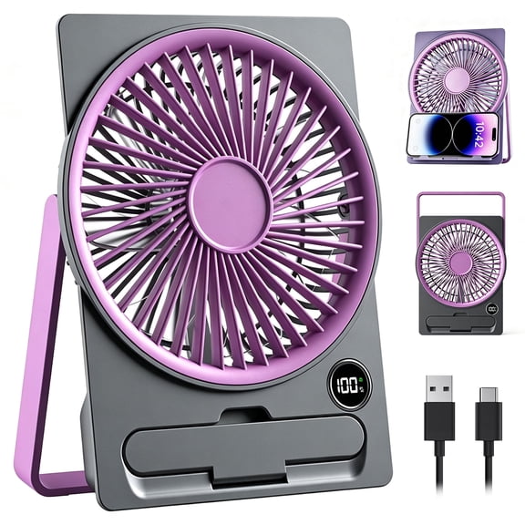 TNYXORIX 7.09" Small Portable Fan Rechargeable Battery Powered,6 Speeds Personal Mini Table Desk Fan for Office Bedroom,Travel Fan for Sleeping,Cruise Ship Beach Vocation Travel Essentials,Purple