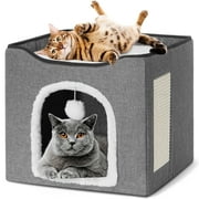 TNYXORIX Cat Beds for Indoor Cats - Kitten Bed - Large Cat Cave for Pet Cat House with Fluffy Ball Hanging and Scratch Pad,Foldable Cat Hideaway,Medium Dog Bed,16.5x16.5x14 inches,Grey