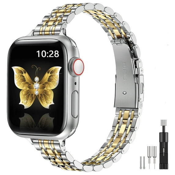 TNYXORIX Slim Metal Band Compatible with Apple Watch Bands 41mm 42mm 40mm 38mm for Women Men,Dressy Stainless Steel Chain Strap for iWatch Bands Series 10 9 8 7 6 5 4 3 2 1 SE,Sliver Gold