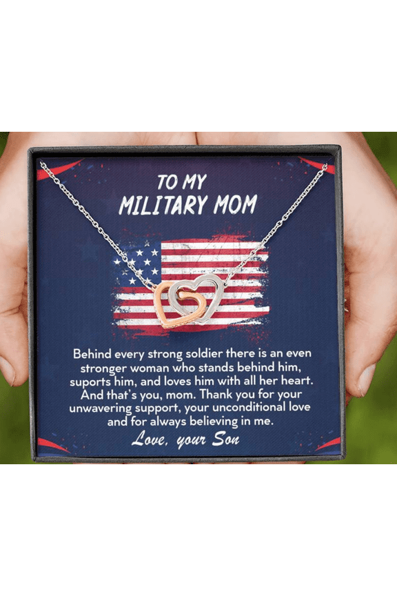 TO MY MILITARY MOM, Two Hearts Embellished With Cubic Zirconia Stones, Interlocking Hearts Necklace, Multi Interlocking Heart Necklace