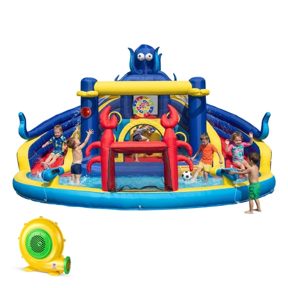 TOAOB Inflatable Water Slide for Kids 3-12: Blow Up Backyard Water Park with 550W Blower- 8 in 1 Octopus-Themed with 2 Slides for Outdoor Birthday Party