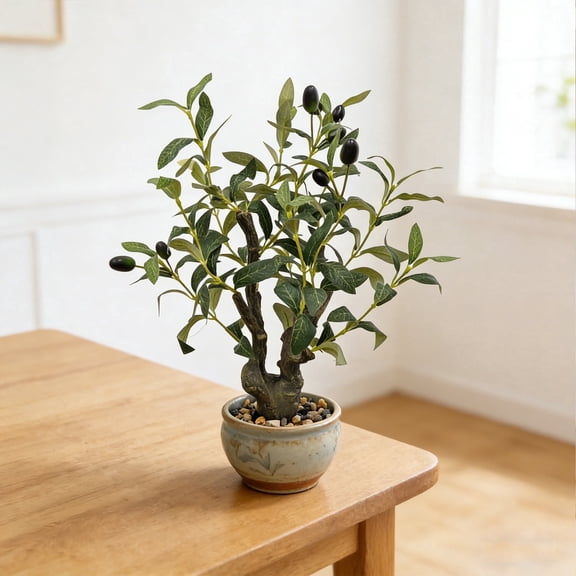 TOARTi Olive Bonsai Tree Fake Fruit Green Leaves Plant With Planter For Home Office Indoor Tabletop Desk Kitchen Living Room 11.8x15.7 Inch