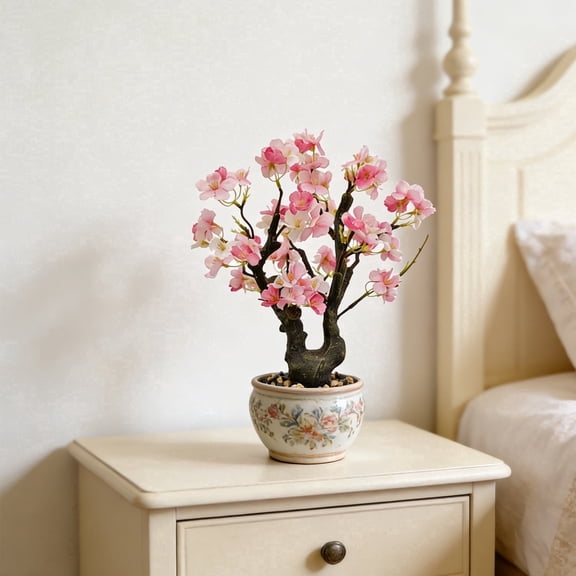 TOARTi Pink Cherry Blossom Bonsai Tree Light Pink Flower Plant For Home Office Indoor Tabletop Desk Kitchen Living Room Bedroom 11.8x15.7 Inch