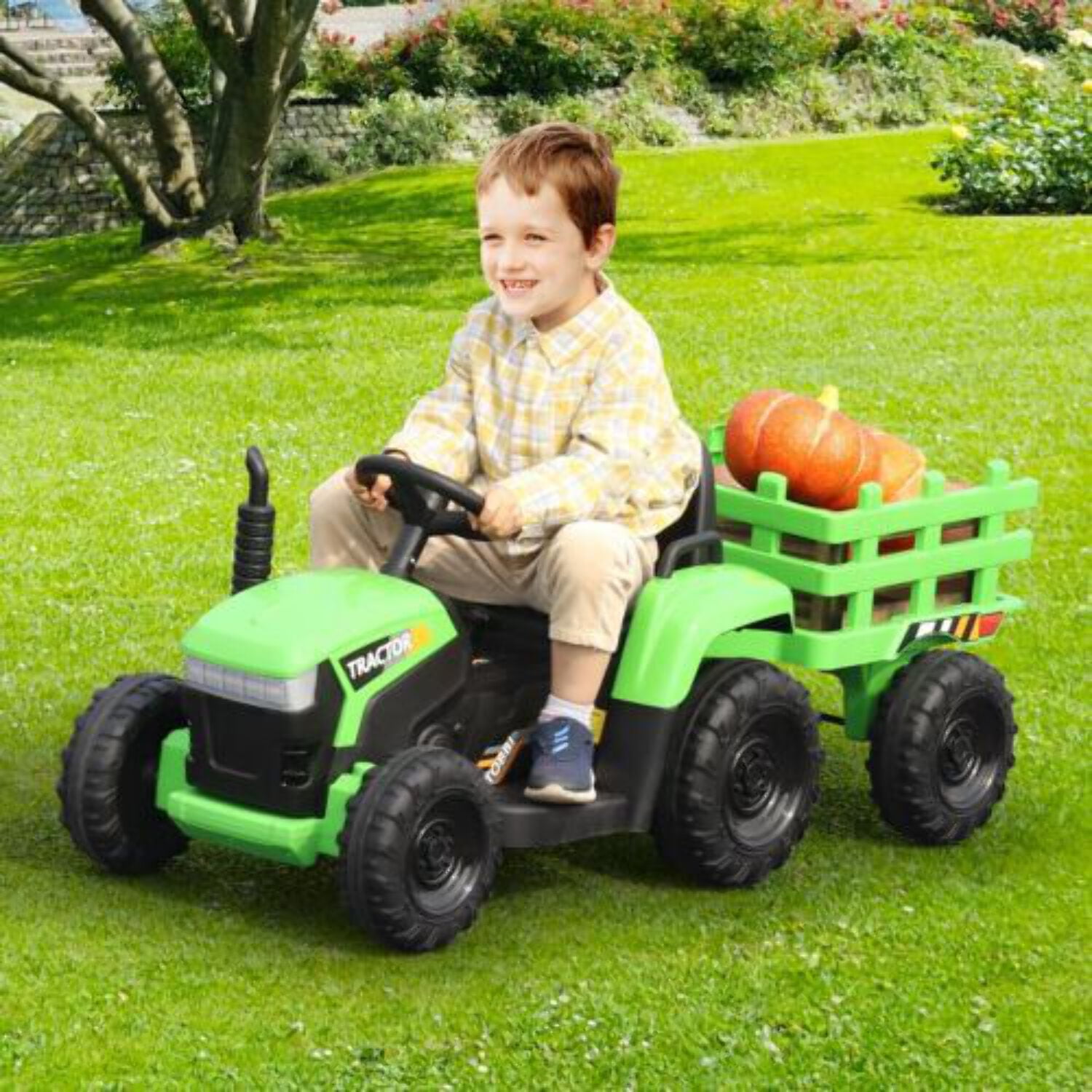 TOBBI 12V Battery-Powered Toy Tractor with Trailer for Kids - Electric ...