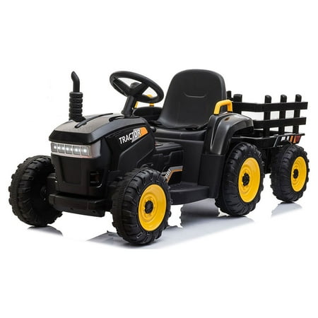 TOBBI 12V Electric Battery-Powered Ride On Toy Tractor Trailer, Black