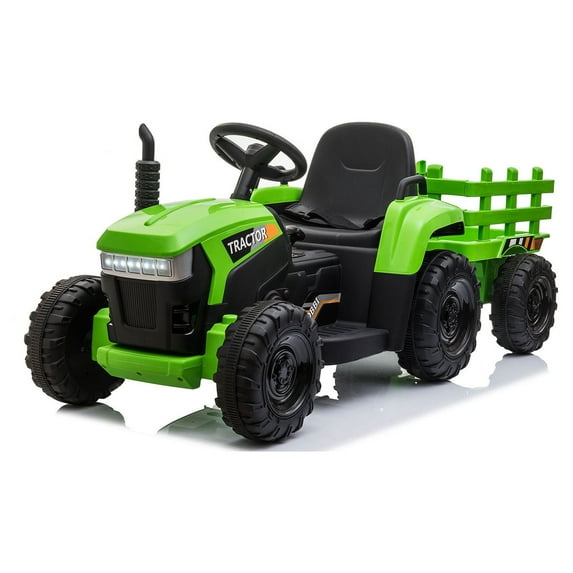 TOBBI 12V Electric Battery-Powered Ride On Toy Tractor Trailer, Green