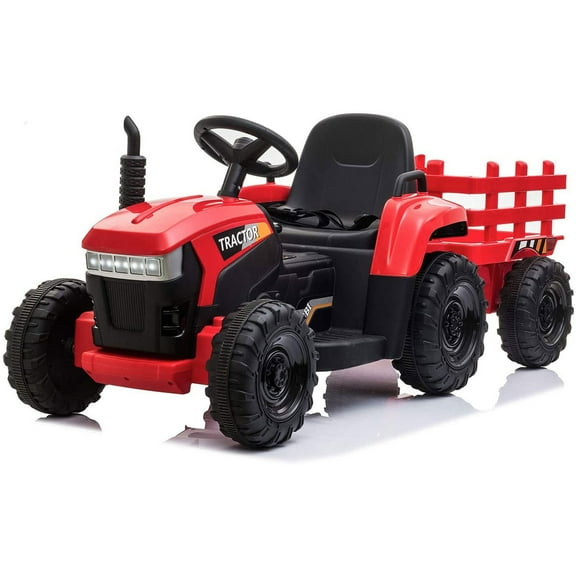 TOBBI 12V Electric Battery-Powered Ride On Toy Tractor Trailer, Red