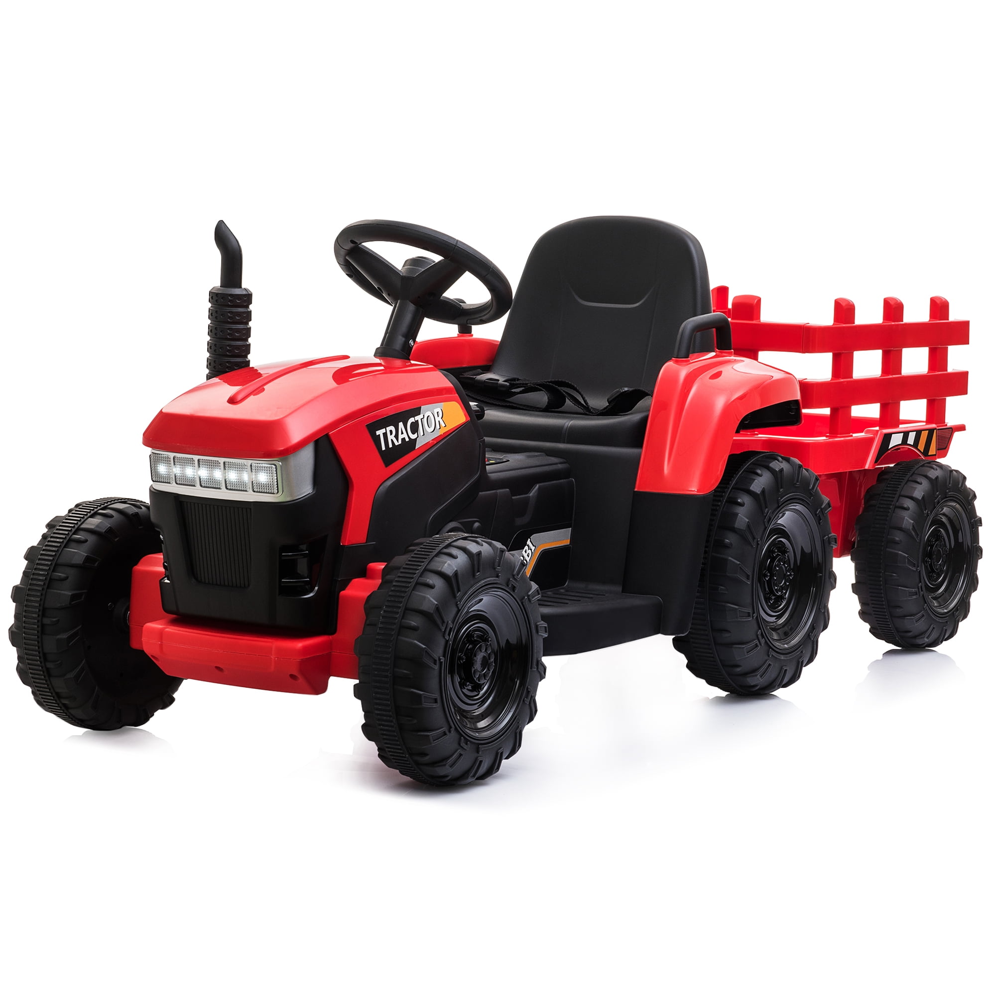 Red 12V Kids Ride-On Tractor with Trailer and LED Lights