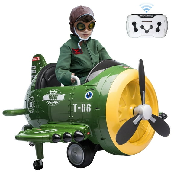 TOBBI 12V Kids Electric Airplane Ride on Car W/ Remote Control, 360° Spin Bumper Car, Green
